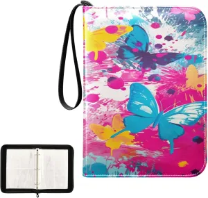 Kigai Colorful Butterfly Card Binder 4-Pocket Trading Card Binder Game Card Collection Binder Album Holder with 50 Removable Sleeves Up to 400 Sports Cards