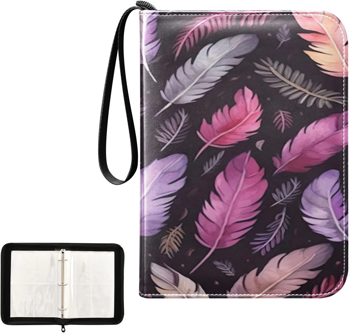 Kigai Colorful Feather Card Binder 4-Pocket Trading Card Binder Game Card Collection Binder Album Holder with 50 Removable Sleeves Up to 400 Sports Cards