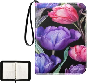 Kigai Colorful Tulip Card Binder 4-Pocket Trading Card Binder Game Card Collection Binder Album Holder with 50 Removable Sleeves Up to 400 Sports Cards