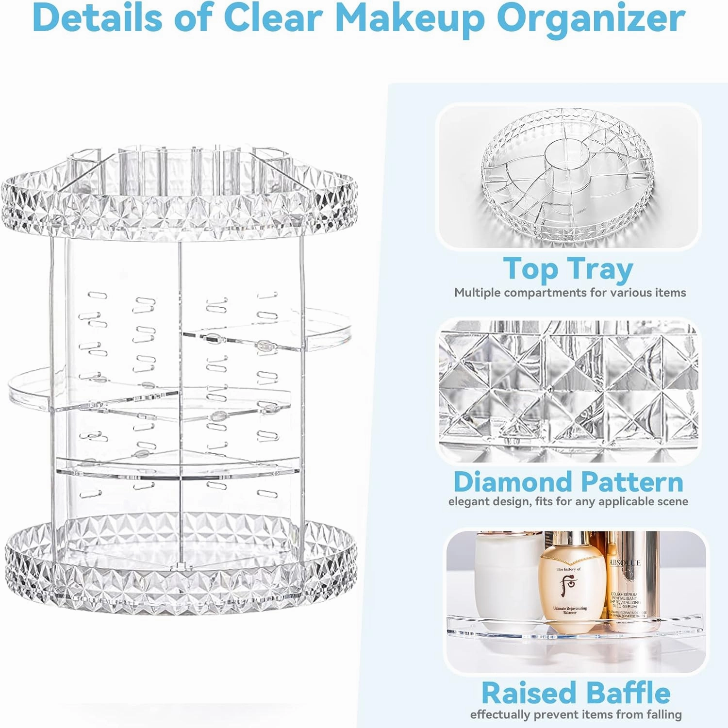 Kingtaily Skin Care Organizer 360 Rotating and 6 Adjustable Layers, Large Capacity Holder Stand Storage Rack Clear Plastic for Makeup Cosmetics Lipstick Lotion Perfume