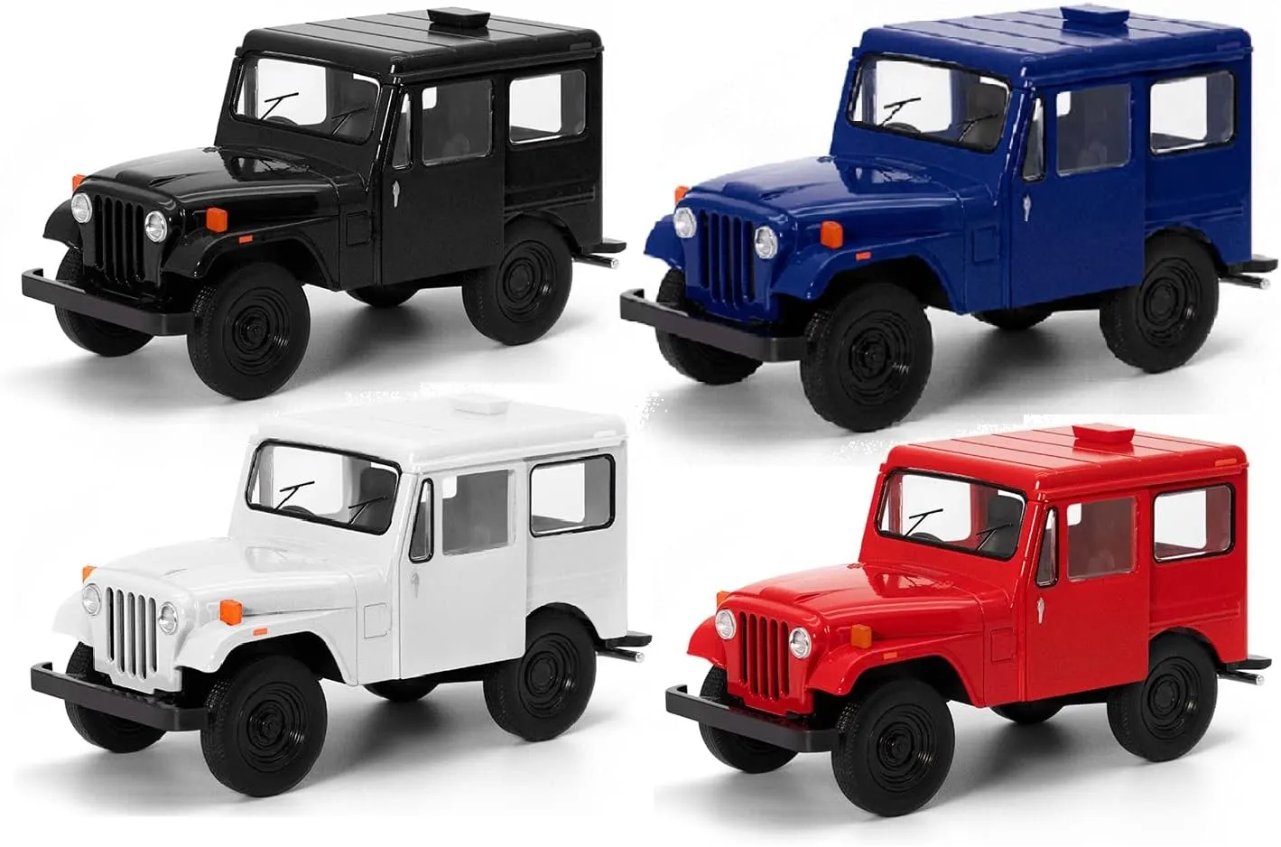 KiNSMART - 1971 Jeep DJ-5B SetOf4 5" 1:26 Scale Die Cast Metal Modle Toy Truck Black, White, Red, Blue