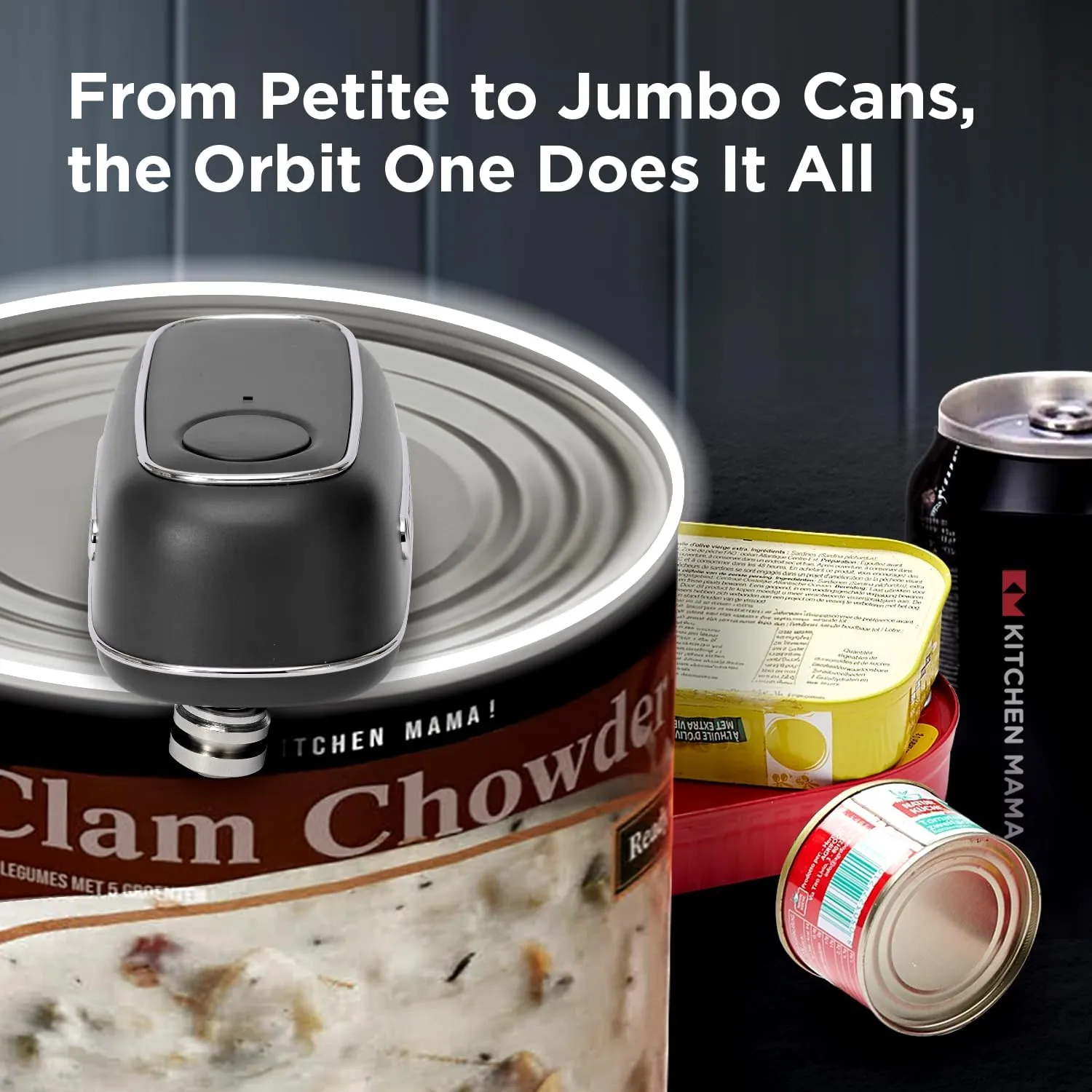 Kitchen Mama Orbit One Rechargeable Can Opener: Hands-Free, USB-C Charging, Auto Shut-Off, Smooth Edge, Professional Blade for Large Cans, with Elegant Storage Box (Black)