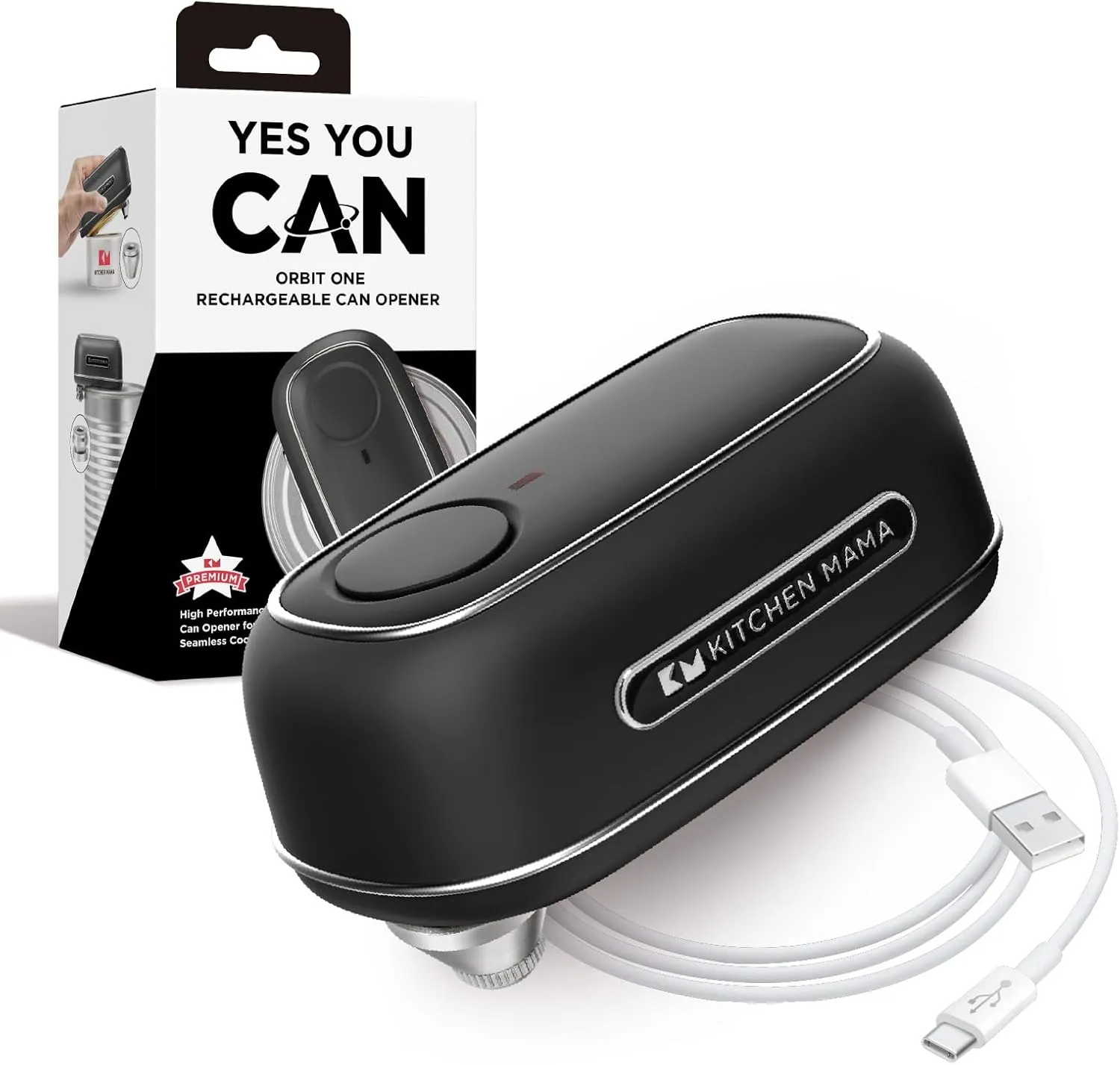 Kitchen Mama Orbit One Rechargeable Can Opener: Hands-Free, USB-C Charging, Auto Shut-Off, Smooth Edge, Professional Blade for Large Cans, with Elegant Storage Box (Black)