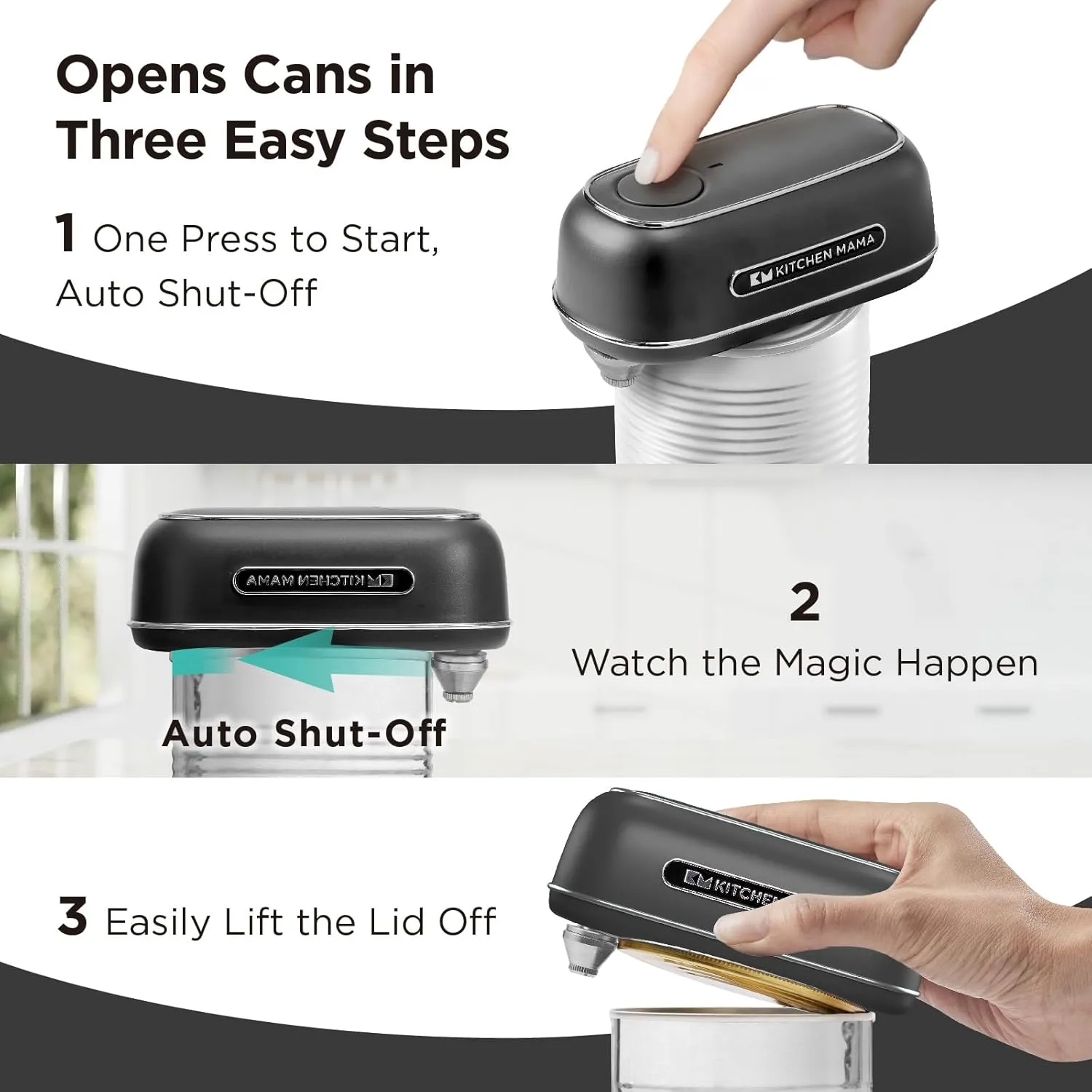 Kitchen Mama Orbit One Rechargeable Can Opener: Hands-Free, USB-C Charging, Auto Shut-Off, Smooth Edge, Professional Blade for Large Cans, with Elegant Storage Box (Black)