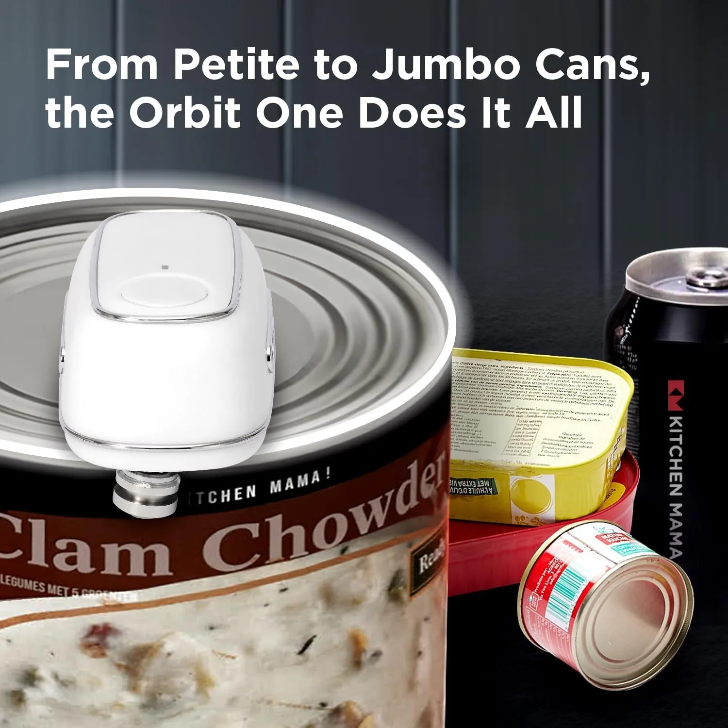 Kitchen Mama Orbit One Rechargeable Can Opener: Hands-Free, USB-C Charging, Auto Shut-Off, Smooth Edge, Professional Blade for Large Cans, with Elegant Storage Box (White)
