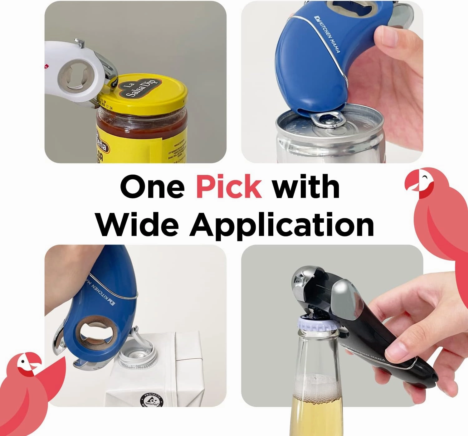Kitchen Mama Epic One Multifunction Opener: Magnetic Bottle Opener, Beer and Soda Can Opener, Pull Tab and Jar Opener for Weak Hands and Arthritis (Blue)