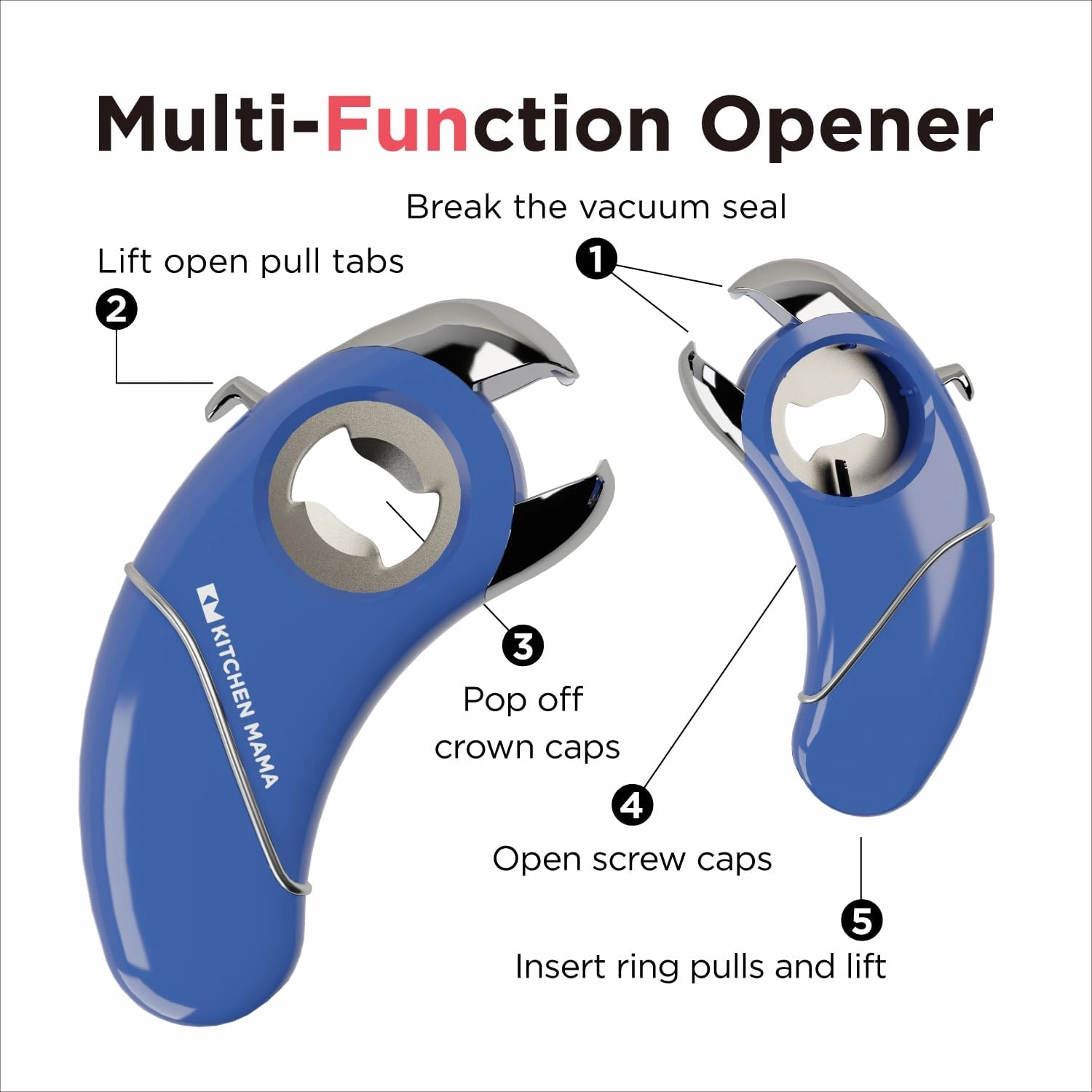 Kitchen Mama Epic One Multifunction Opener: Magnetic Bottle Opener, Beer and Soda Can Opener, Pull Tab and Jar Opener for Weak Hands and Arthritis (Blue)