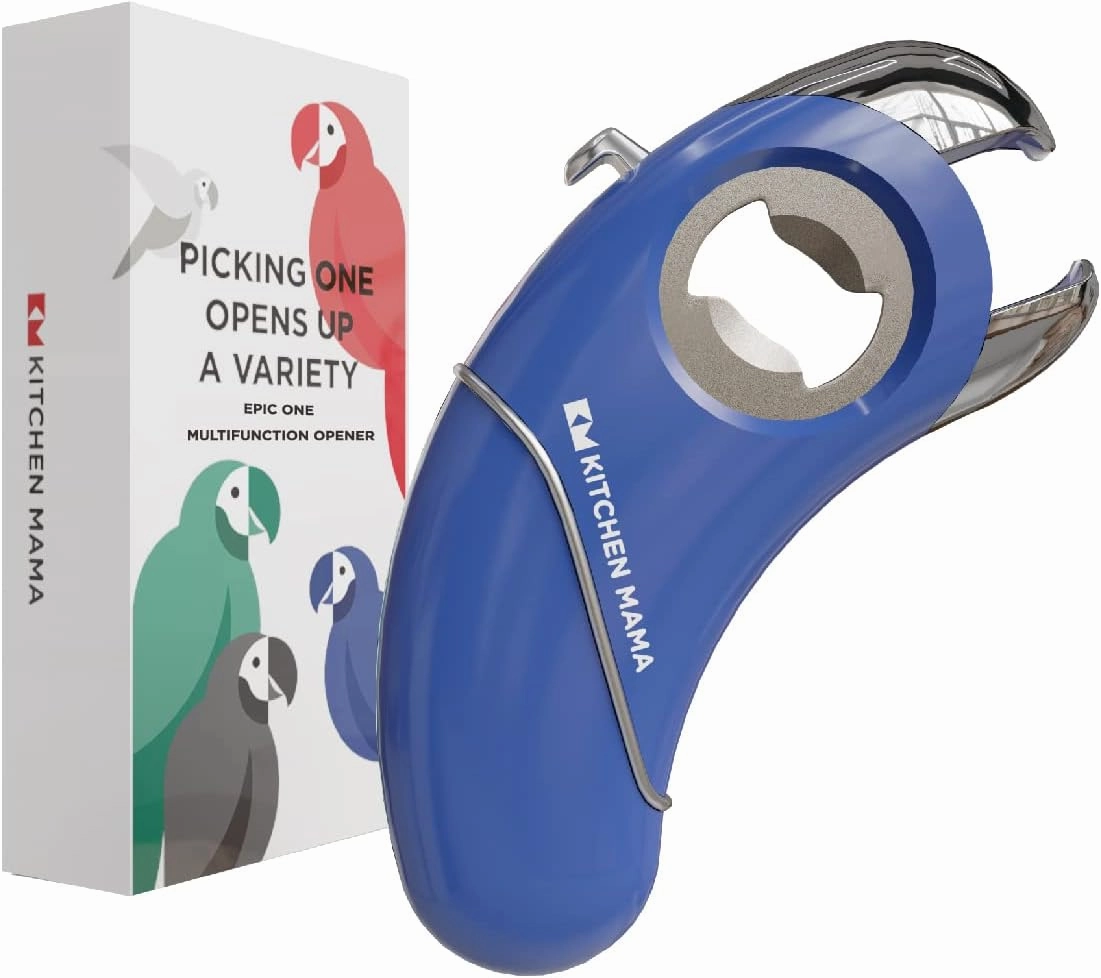 Kitchen Mama Epic One Multifunction Opener: Magnetic Bottle Opener, Beer and Soda Can Opener, Pull Tab and Jar Opener for Weak Hands and Arthritis (Blue)