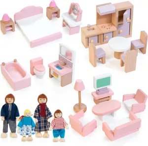 Kizfarm Wooden Dollhouse Furniture Set with 4 Family Dolls, 26 Pcs Pretend Play Dollhouse Accessories for 4 Rooms, Pink Furniture Toys Birthday Gifts for Girls Boys Age 3 