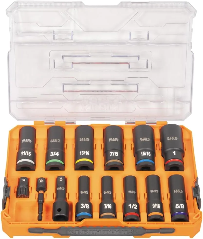 Klein Tools 65111IMPCT KNECT Deep-Well Impact Socket Set, 1/2-Inch Drive, SAE, Color Coded, MODbox Case, Impact Adapter and Extension, 14-Piece