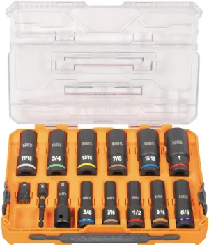 Klein Tools 65111IMPCT KNECT Deep-Well Impact Socket Set, 1/2-Inch Drive, SAE, Color Coded, MODbox Case, Impact Adapter and Extension, 14-Piece