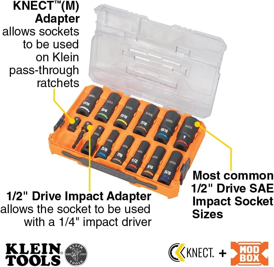 Klein Tools 65111IMPCT KNECT Deep-Well Impact Socket Set, 1/2-Inch Drive, SAE, Color Coded, MODbox Case, Impact Adapter and Extension, 14-Piece