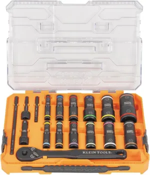 Klein Tools 65626 KNECT Deep Well Impact Socket Set, 3/8-Inch Drive Ratchet, 24 SAE and Metric Flip Socket Sizes, MODbox Case, 18-Piece