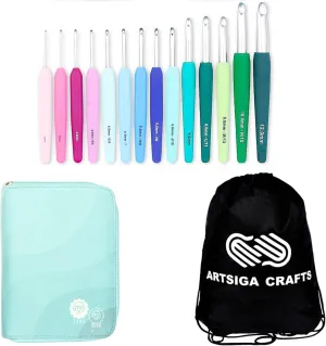 KnitPro Waves Grande Set 5.25 inch Crochet Hooks Size 2.0, 2.5, 3.0, 3.5, 4.0, 4.5, 5.0, 5.5, 6.0, 7.0, 8.0, 9.0, 10.0, 12.0 mm, Fabric Case with Project Bag
