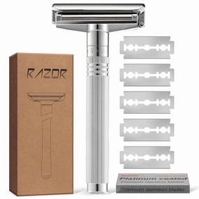 KOBAYA Men's Double Edge Safety Razor, Metal Shaving Razor with 5 Stainless Blades, 360° Smooth Shave, Adjustable Sensitive Skin Setting,Eco-Friendly,Close Shaving-Silver