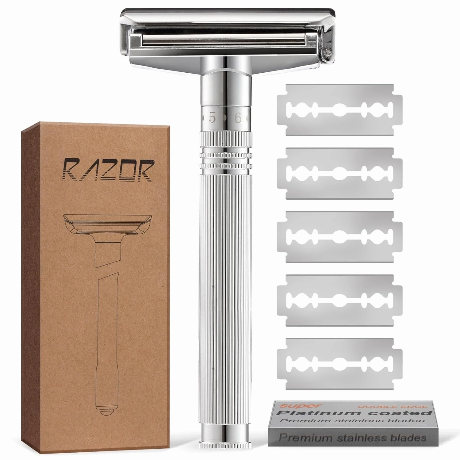 KOBAYA Men's Double Edge Safety Razor, Metal Shaving Razor with 5 Stainless Blades, 360° Smooth Shave, Adjustable Sensitive Skin Setting,Eco-Friendly,Close Shaving-Silver