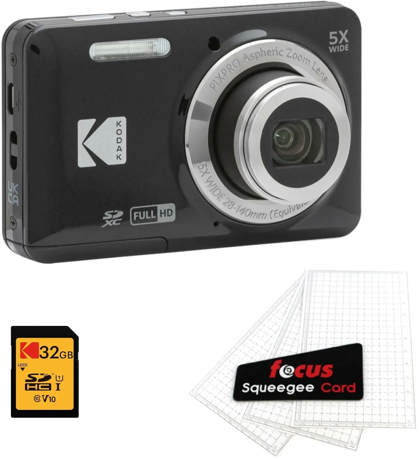 Kodak PIXPRO Friendly Zoom FZ55 Digital Camera (Black) Bundle with 32GB Memory Card and Digital Camera LCD Screen Protectors (3 Items)