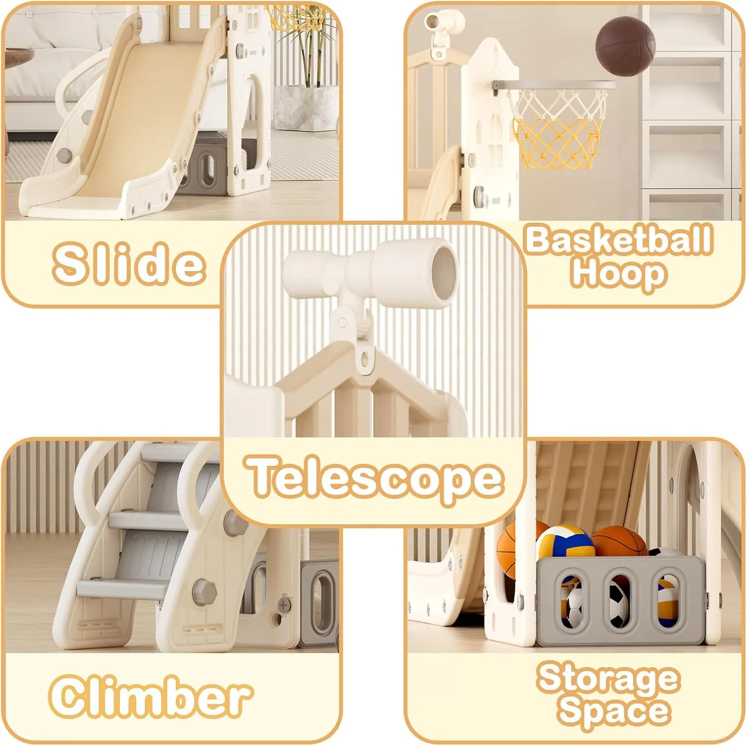 KORIMEFA 5-in-1 Toddler Slide Indoor/Outdoor with Basketball Hoop & Telescope L-Shaped Playground for Kids 1-3 Years Beige