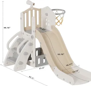 KORIMEFA 5-in-1 Toddler Slide Indoor/Outdoor with Basketball Hoop & Telescope L-Shaped Playground for Kids 1-3 Years Beige