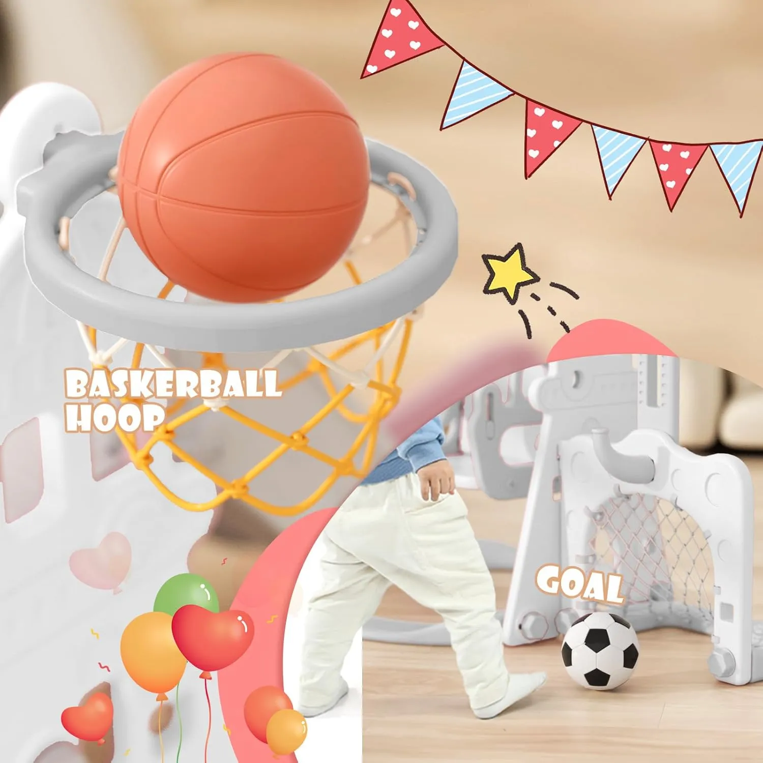 KORIMEFA 5 in 1 Toddler Swing and Slide Set for Kids Age 1-3 for Large Climber Slide Playset w/Basketball, Indoor Outdoor Toddler Swing Slide Set, Football Gate and Basketball Hoop (Gray)