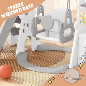 KORIMEFA 5 in 1 Toddler Swing and Slide Set for Kids Age 1-3 for Large Climber Slide Playset w/Basketball, Indoor Outdoor Toddler Swing Slide Set, Football Gate and Basketball Hoop (Gray)