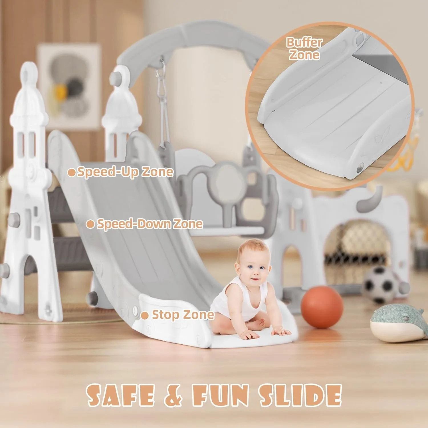 KORIMEFA 5 in 1 Toddler Swing and Slide Set for Kids Age 1-3 for Large Climber Slide Playset w/Basketball, Indoor Outdoor Toddler Swing Slide Set, Football Gate and Basketball Hoop (Gray)