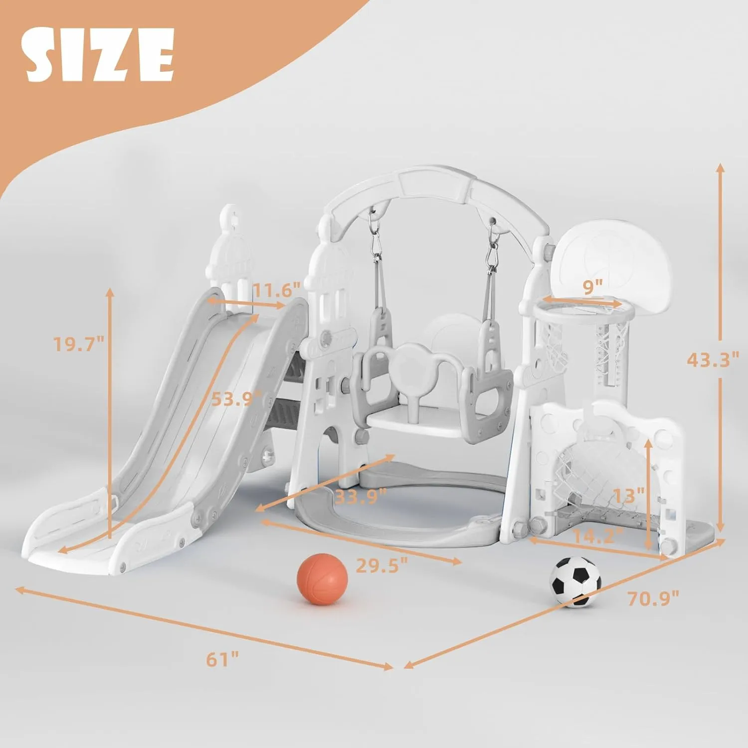 KORIMEFA 5 in 1 Toddler Swing and Slide Set for Kids Age 1-3 for Large Climber Slide Playset w/Basketball, Indoor Outdoor Toddler Swing Slide Set, Football Gate and Basketball Hoop (Gray)