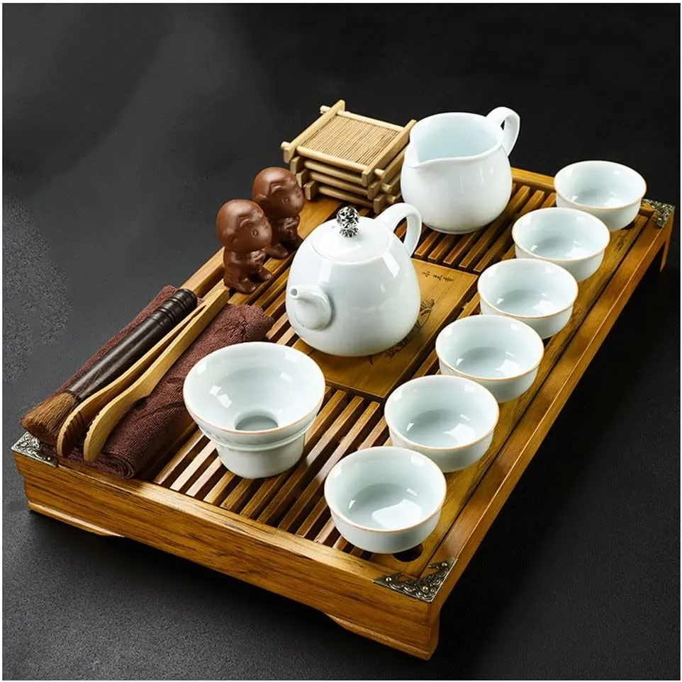 Kungfu Cermaic Tea Set - Complete Traditional Tea Ceremony Kit, with Buddha Statue Tea Holder and Portable Travel Bag