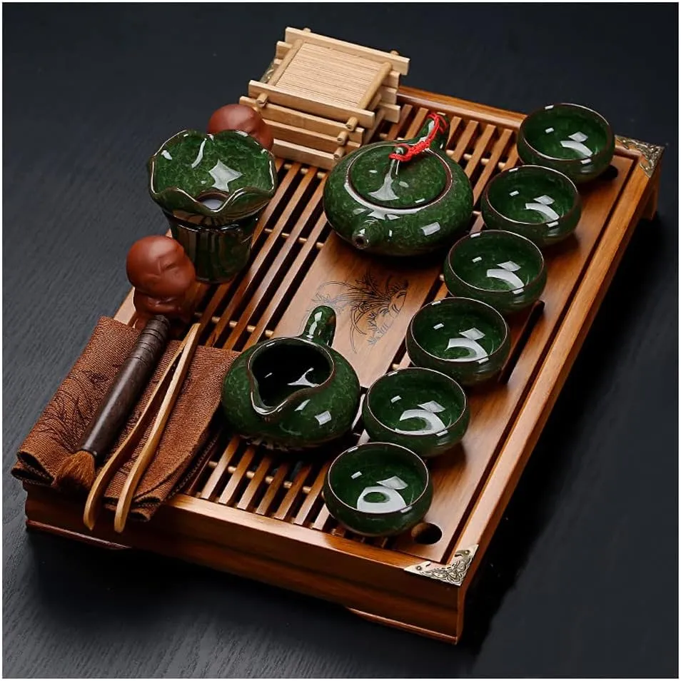 Kungfu Cermaic Tea Set - Complete Traditional Tea Ceremony Kit, with Buddha Statue Tea Holder and Portable Travel Bag