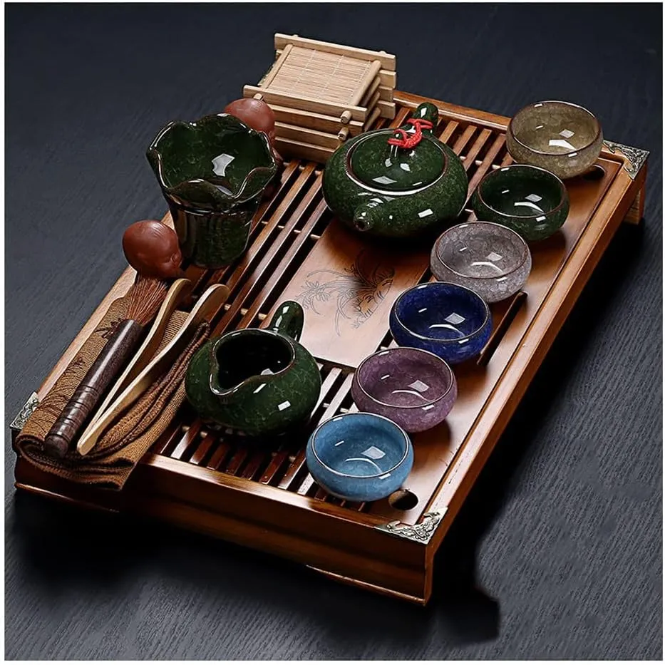 Kungfu Cermaic Tea Set - Complete Traditional Tea Ceremony Kit, with Buddha Statue Tea Holder and Portable Travel Bag