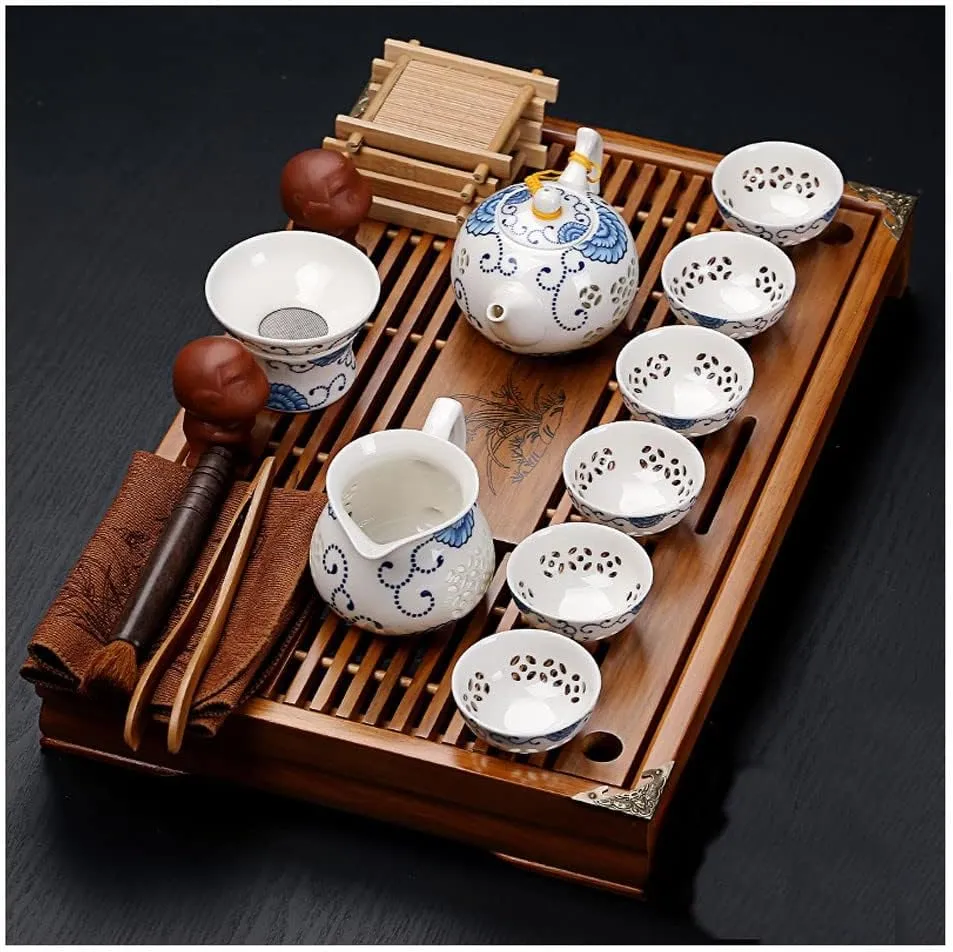 Kungfu Cermaic Tea Set - Complete Traditional Tea Ceremony Kit, with Buddha Statue Tea Holder and Portable Travel Bag