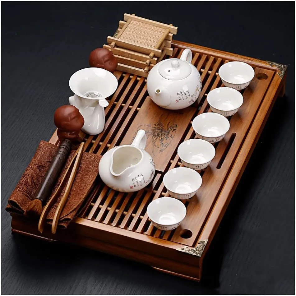 Kungfu Cermaic Tea Set - Complete Traditional Tea Ceremony Kit, with Buddha Statue Tea Holder and Portable Travel Bag
