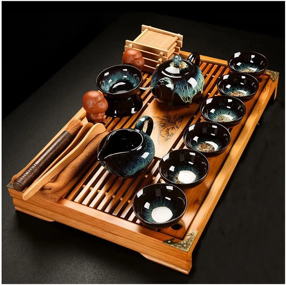 Kungfu Cermaic Tea Set - Complete Traditional Tea Ceremony Kit, with Buddha Statue Tea Holder and Portable Travel Bag