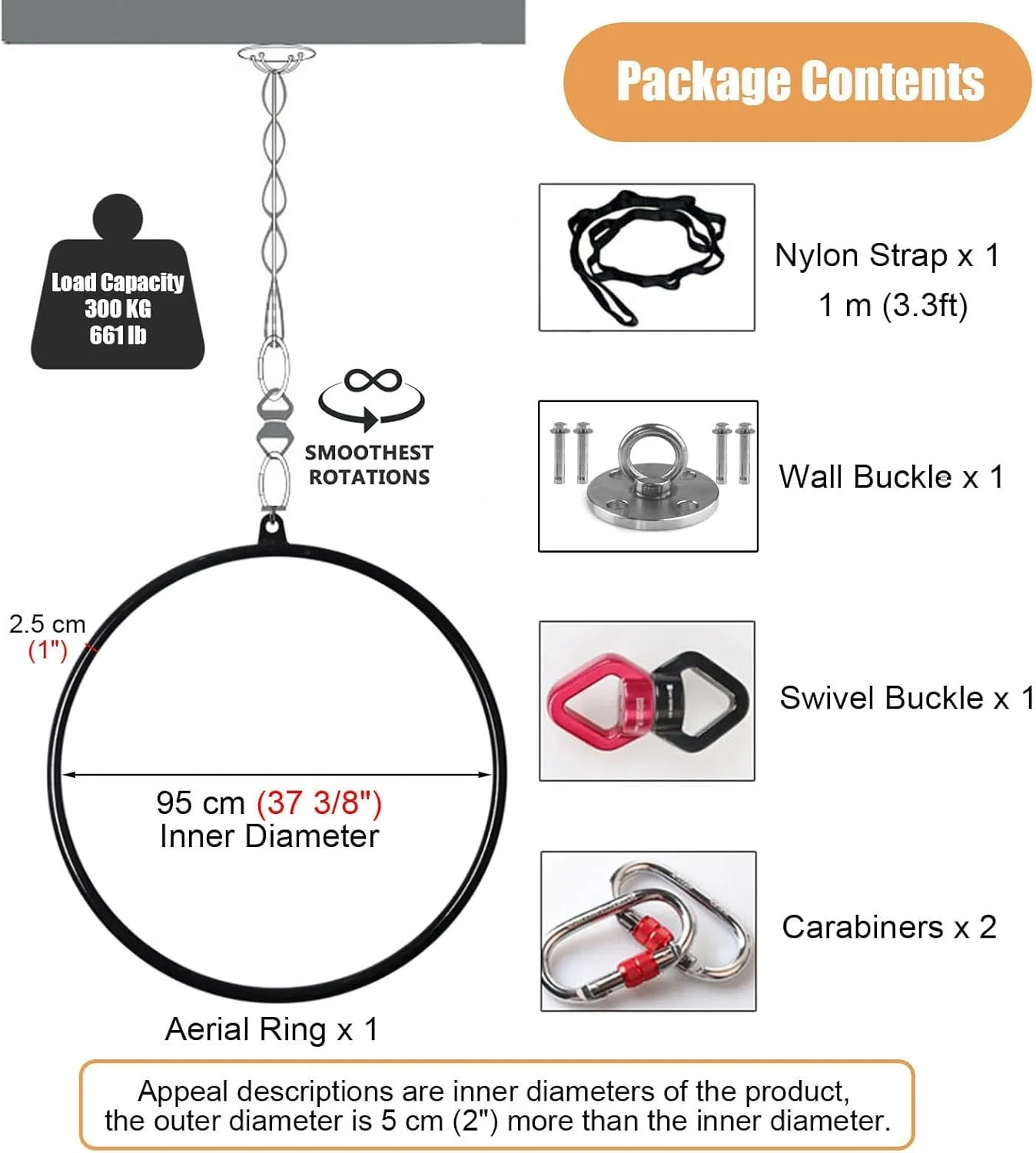 Kunovo Aerial Hoop Set Fully, Professional Metal Lyra Hoop, Aerial Yoga Ring with 1 Ceiling Anchor, 2 Locking Carabiners, 1 Swivel Buckle, 1 Nylon Strap