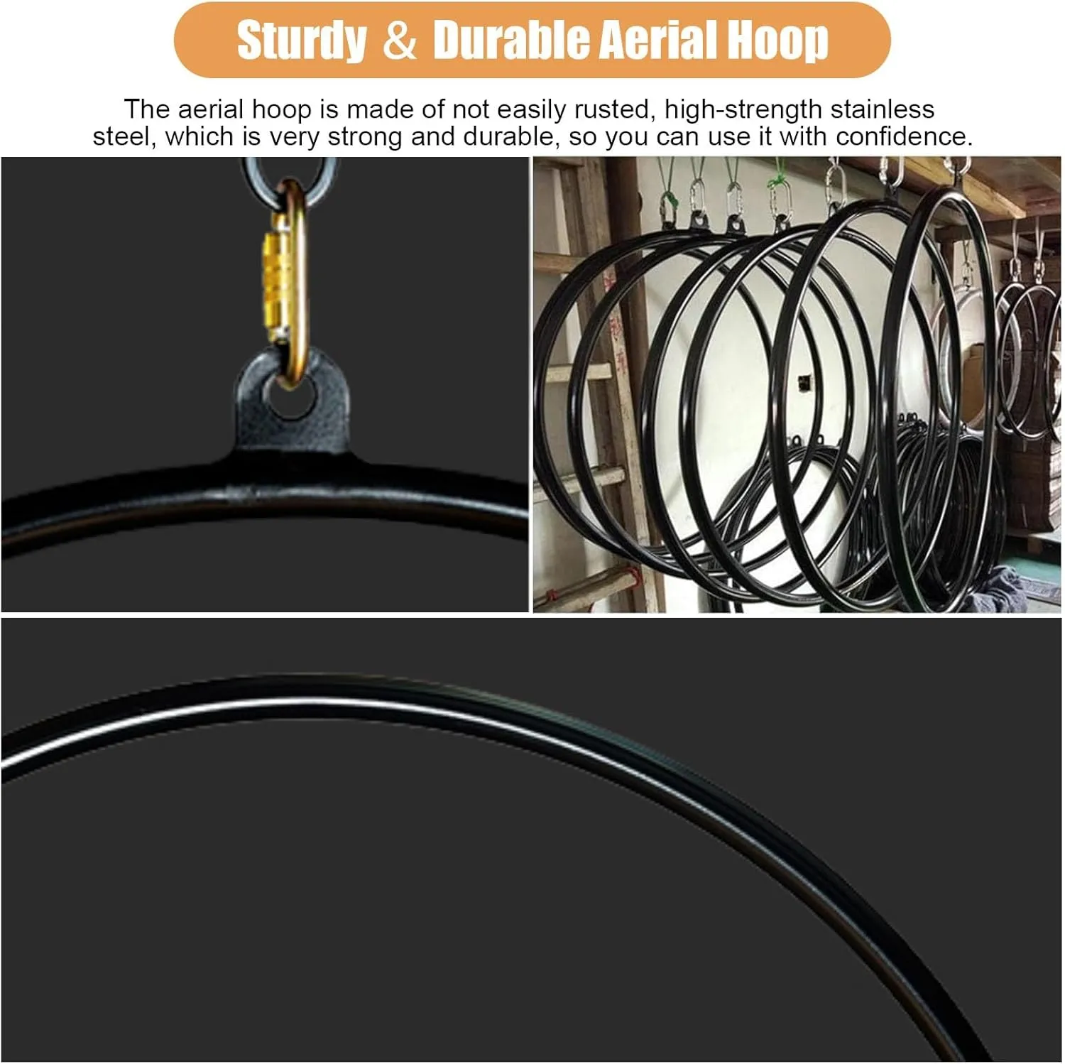 Kunovo Aerial Hoop Set Fully, Professional Metal Lyra Hoop, Aerial Yoga Ring with 1 Ceiling Anchor, 2 Locking Carabiners, 1 Swivel Buckle, 1 Nylon Strap