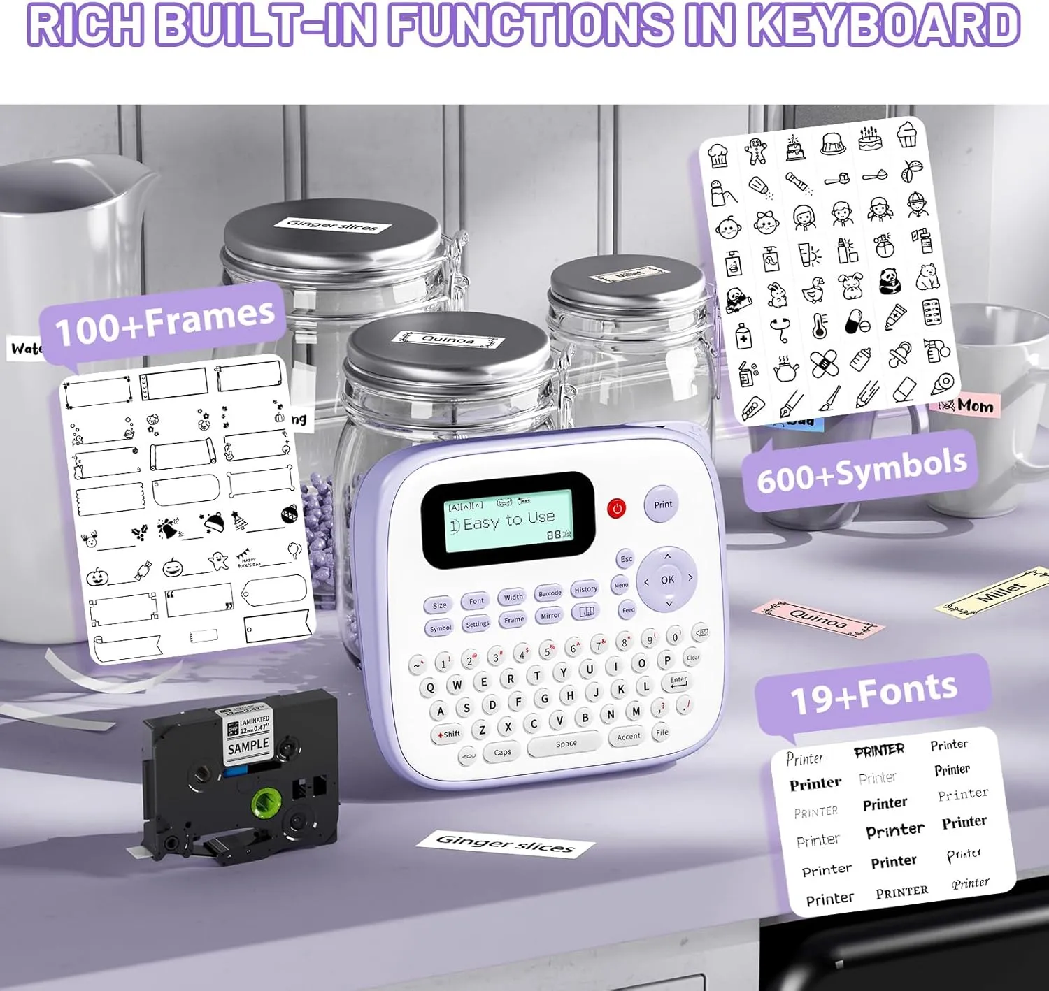 Label Maker Machine, D210S Label Maker Machine with Tapes Waterproof, Portable Labeler with Keyboard Powered by Type-C, Multiple Symbols for Home Small Business School Kids Use, Purple