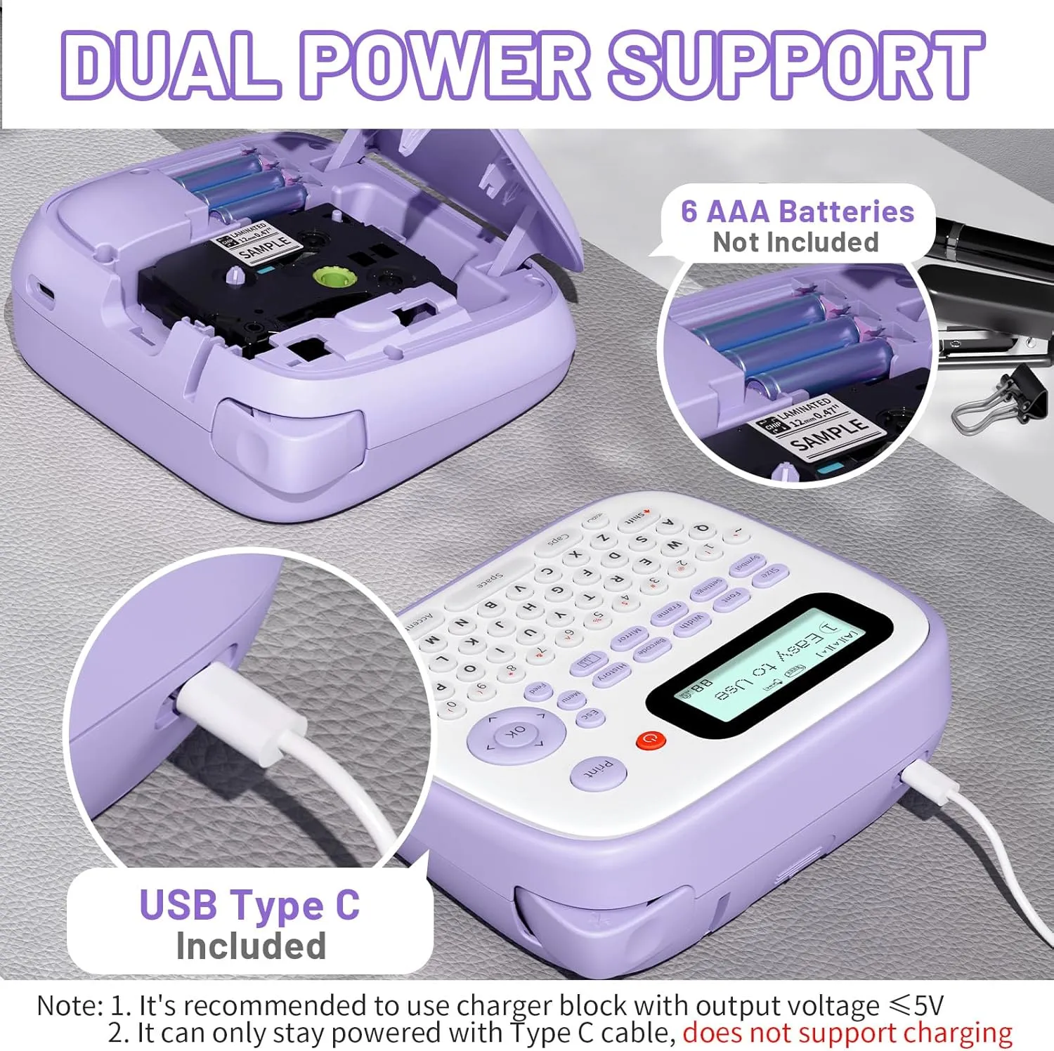 Label Maker Machine, D210S Label Maker Machine with Tapes Waterproof, Portable Labeler with Keyboard Powered by Type-C, Multiple Symbols for Home Small Business School Kids Use, Purple