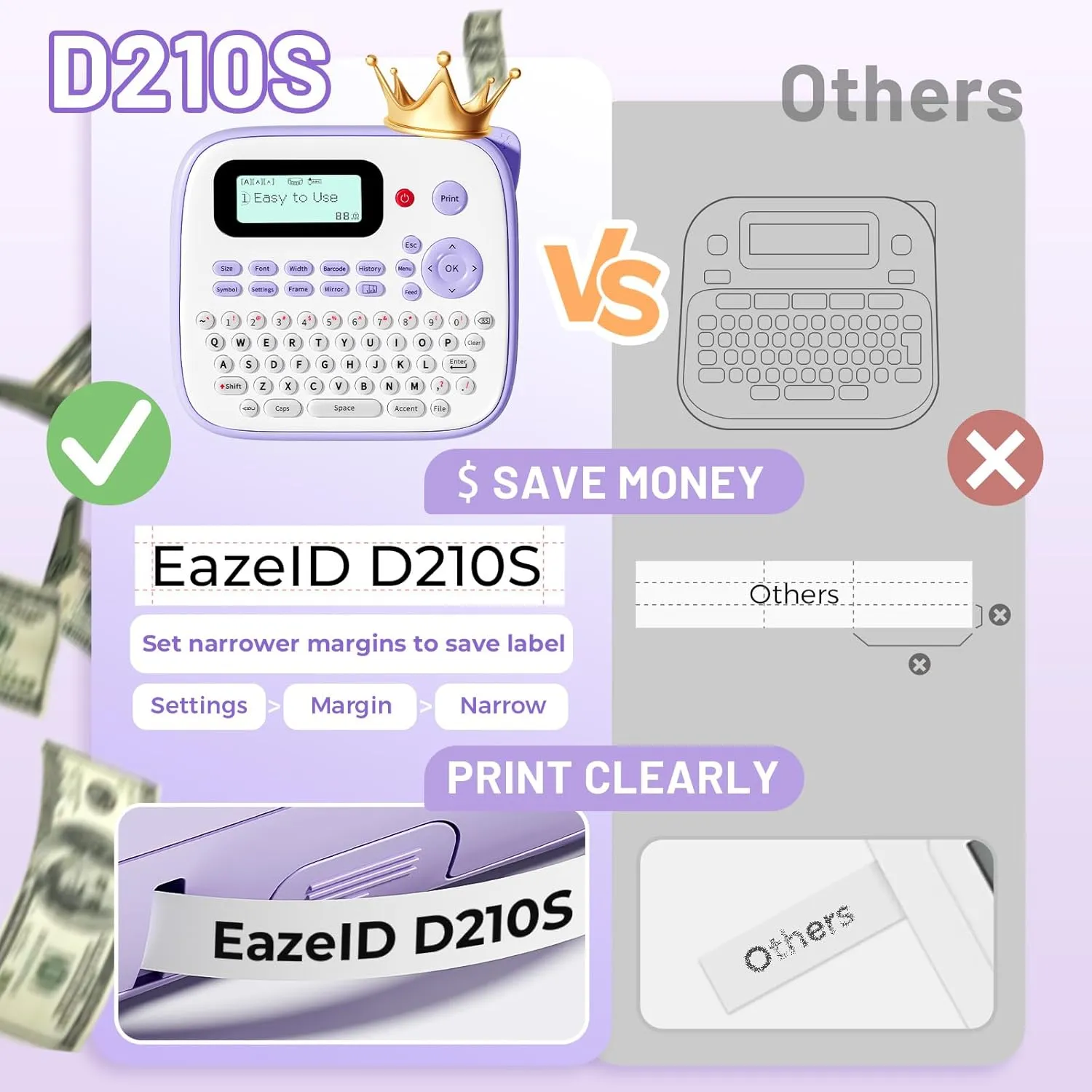 Label Maker Machine, D210S Label Maker Machine with Tapes Waterproof, Portable Labeler with Keyboard Powered by Type-C, Multiple Symbols for Home Small Business School Kids Use, Purple