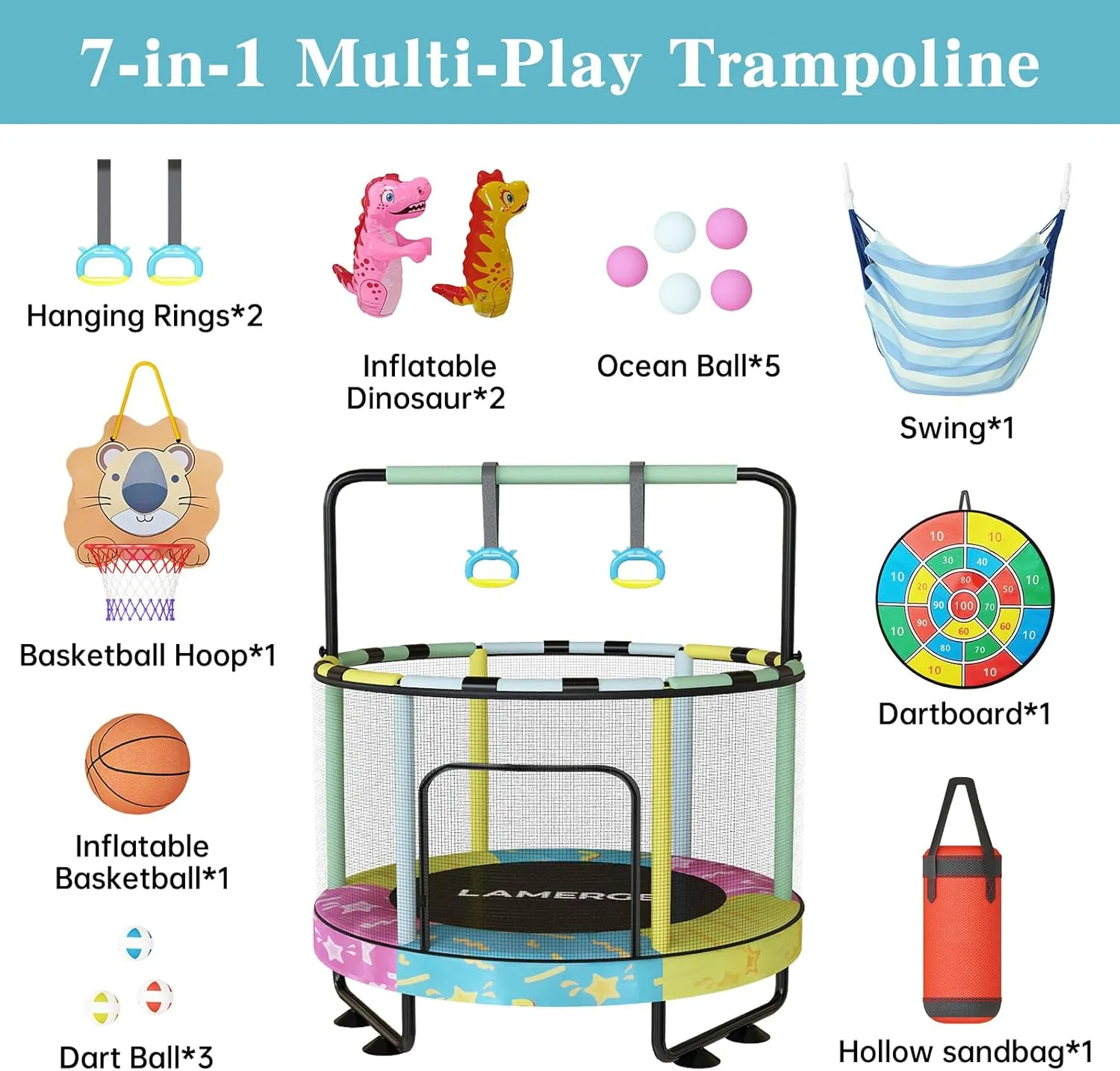 Lamerge 55" 7-in-1 Toddlers Trampoline for Kids, Upgrade Mini Trampoline with Safety Net, Indoor＆Outdoor Toy for Kids 3-8, 500lbs Capacity Trampoline for Boys & Girls, Adjustable Height