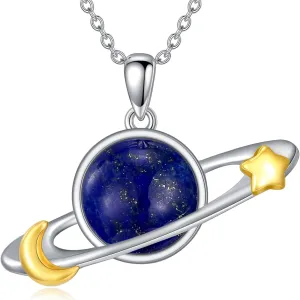 Lapis Lazuli Planet Necklace 925 Sterling Silver Genuine Blue Lapis Saturn Moon Star Pendant Cosmic Galaxy Jewelry Gifts for Women
