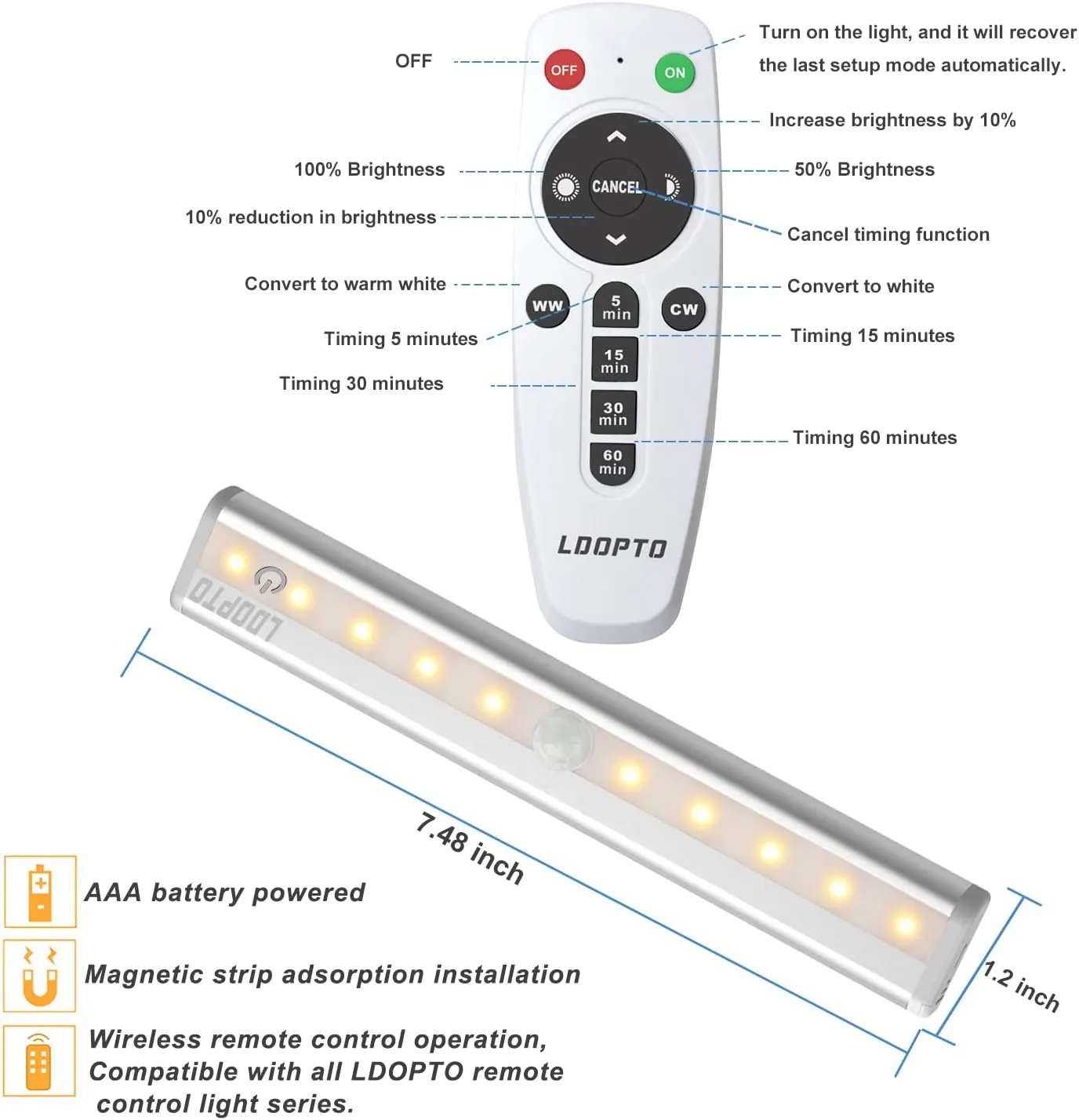 LDOPTO Under Cabinet Lights Wireless with Remote Control Dimmable Battery Operated LED Closet Lights Stick-on Kitchen Lighting with Timer for Kitchen Shelf Hallway Stairs, Multiple Colors 4 Pack