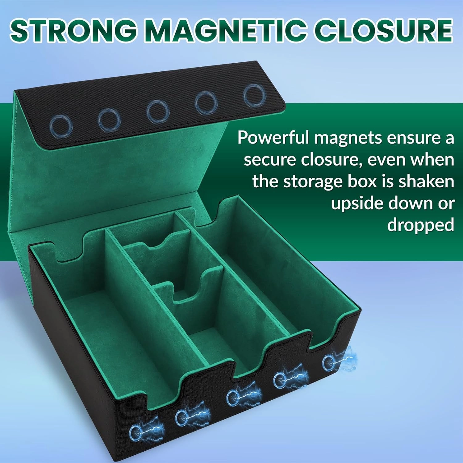 Leather Magnetic Card Storage Box for Trading Cards, Holds 5 MTG Deck Boxes, with 13 Dividers & Dice Tray