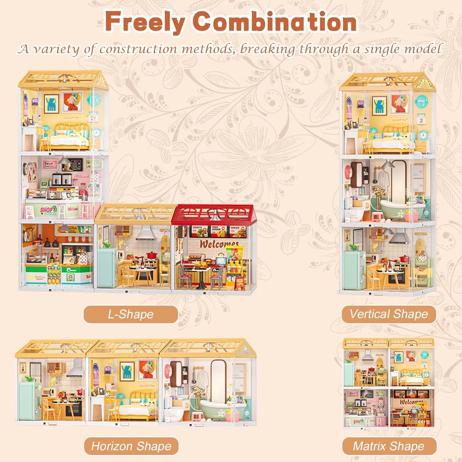 LED Building Blocks for Adults, 1:24 DIY Miniature Dollhouse Kits with Roof & Dustproof Cover, Tiny House Toy Building Sets for Kids Ages 8-12-15, Birthday Hobbies Gift for Men Women Boy Girl