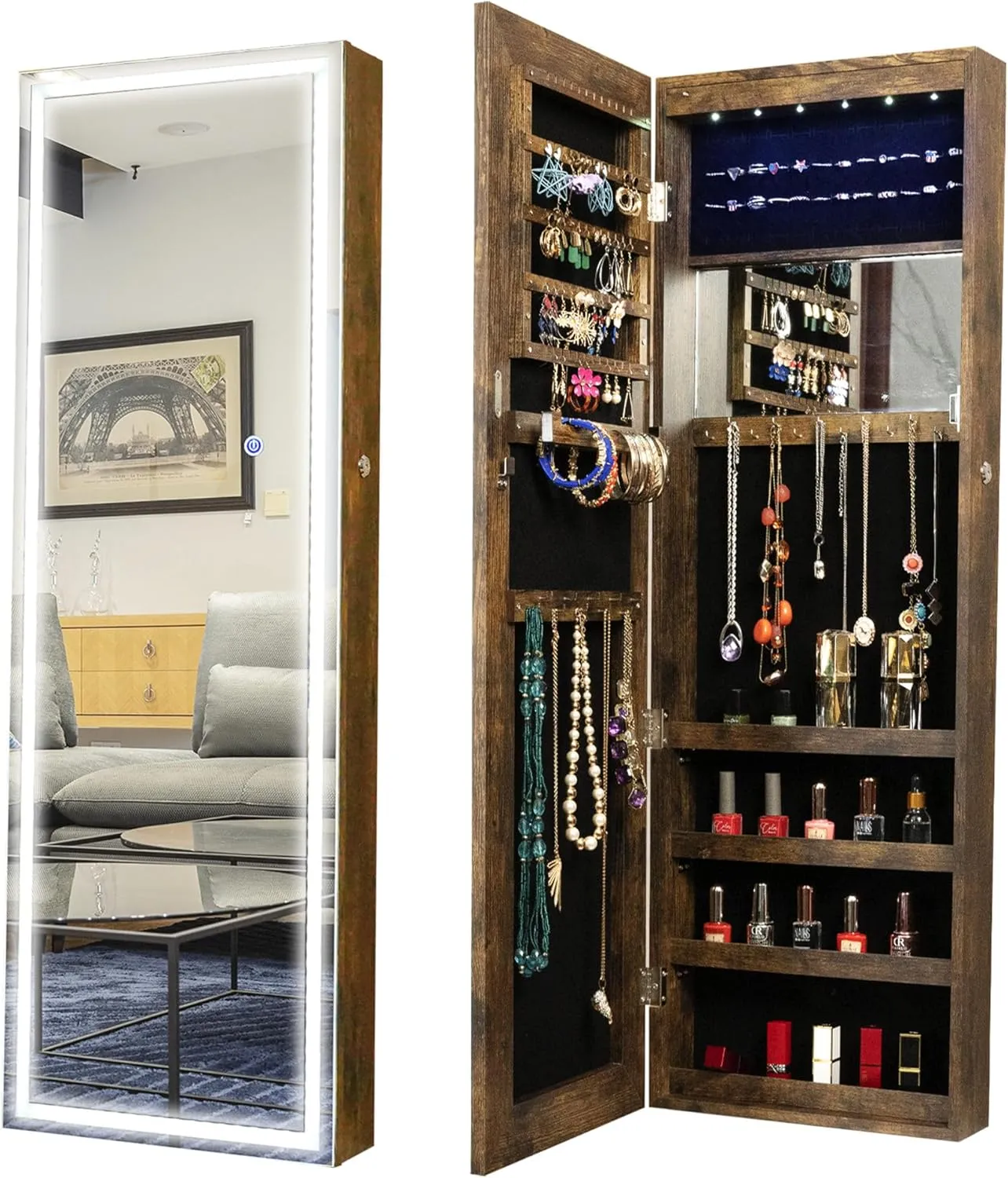LED Jewelry Armoire Cabinet with Mirror, Wall & Door Mount, Lockable with Keys,4-tier Storage Shelves,60 Earring Slots,48 Ring Slots,10 Necklace Hooks,Bracelet Storage,Smart Touch Switch (Brown)