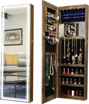 LED Jewelry Armoire Cabinet with Mirror, Wall & Door Mount, Lockable with Keys,4-tier Storage Shelves,60 Earring Slots,48 Ring Slots,10 Necklace Hooks,Bracelet Storage,Smart Touch Switch (Brown)