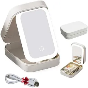 LED Three-Color Adjustable Makeup Mirror, Three Colors Brightness Adjustable Makeup Mirror with Lights, Travel Makeup Bag with Led Mirror, Rechargeable Makeup Mirror (Cream White)