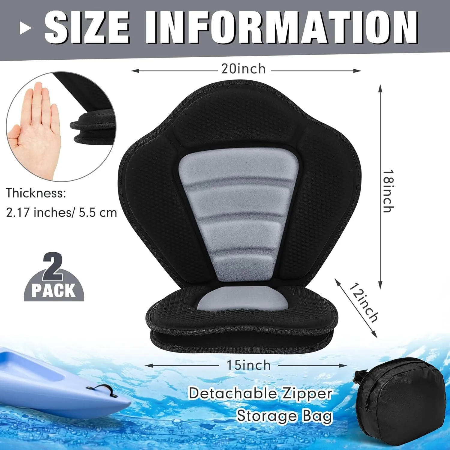 Lewtemi 2 Set Thicken Kayak Seat with Back Support Canoe Paddle Board Seat with Detachable Storage Bag Adjustable Sit on Top Paddleboard Cushion for Kayaking Canoeing Rafting