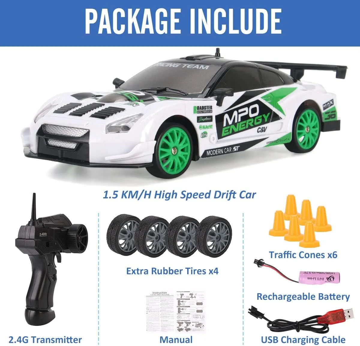 Liberty Imports RC Drift Car 1/24 2.4GHz 4WD Remote Control Sport Racing On-Road Vehicle with LED Light, Batteries and Drift Tires (Style 2)
