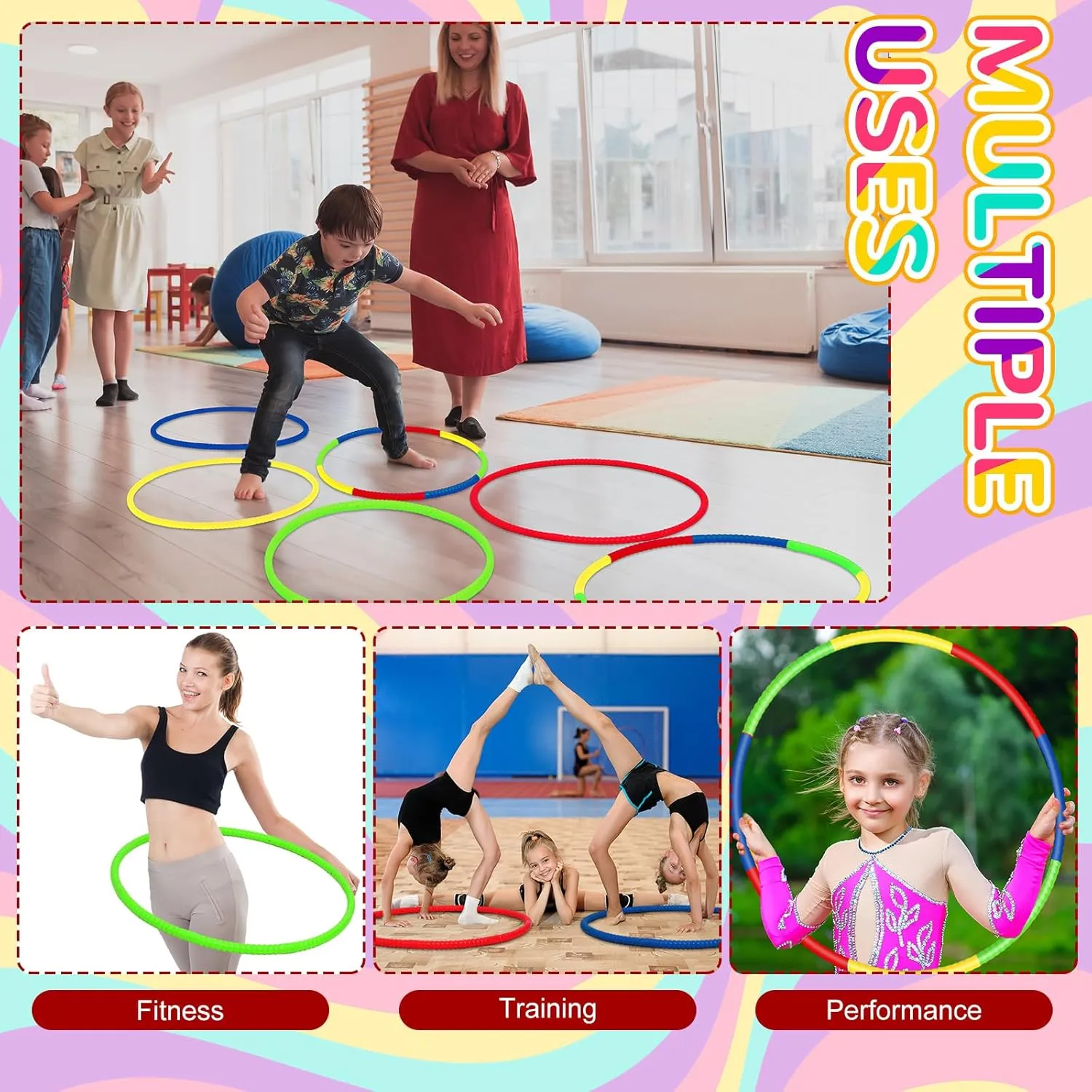 Libima 16 Pcs Toy Color Hoop for Kids, Detachable Adjustable Light Weight Plastic Colored Hoops Toy Circles for Party Games, Dance, Dog Agility