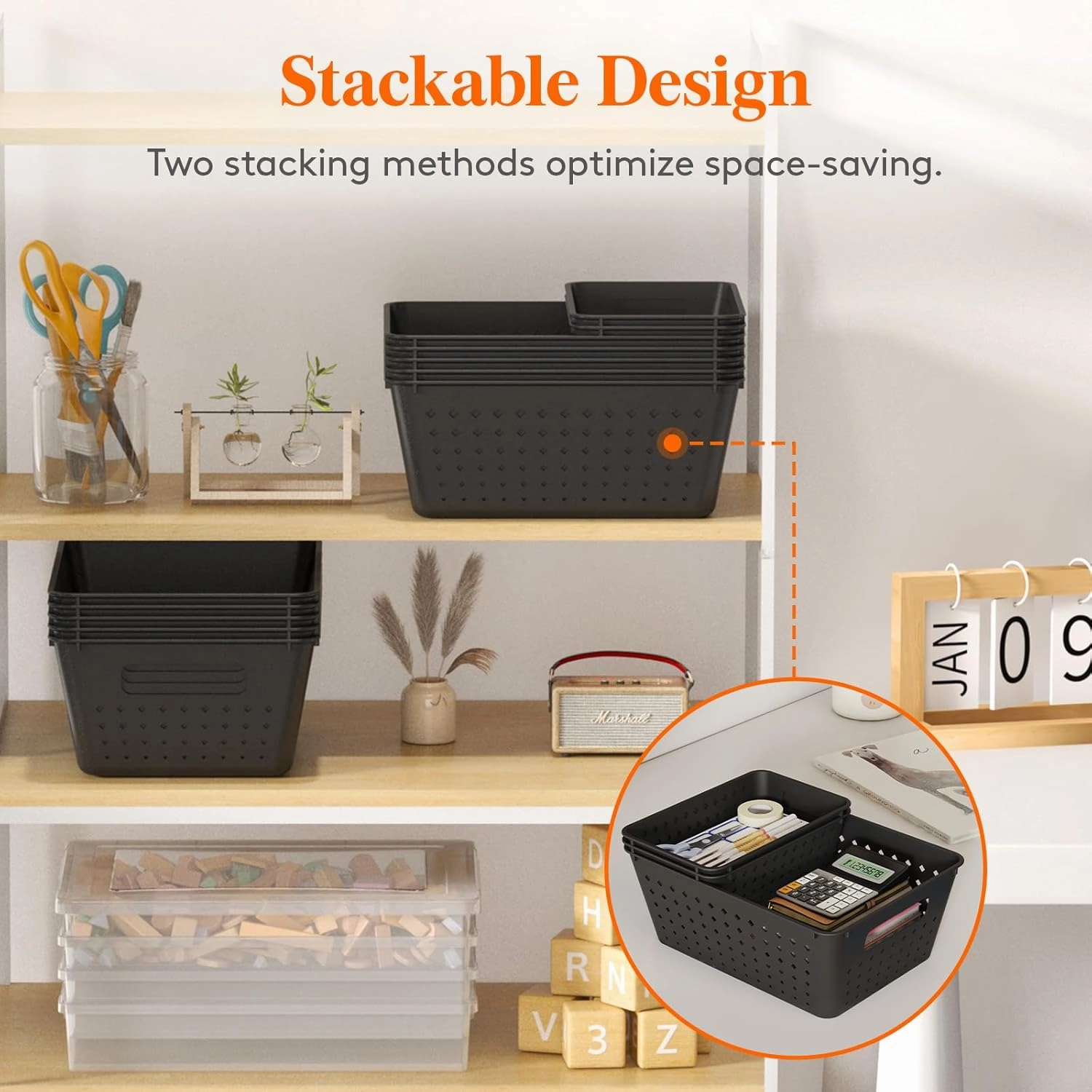 Lifewit Plastic Storage Basket, 12 Pack Stackable Storage Bins for Organizing, Multi Size Open Containers for Shelving, Pantry, Office and Cabinet, 8 Large and 4 Small Size, Black